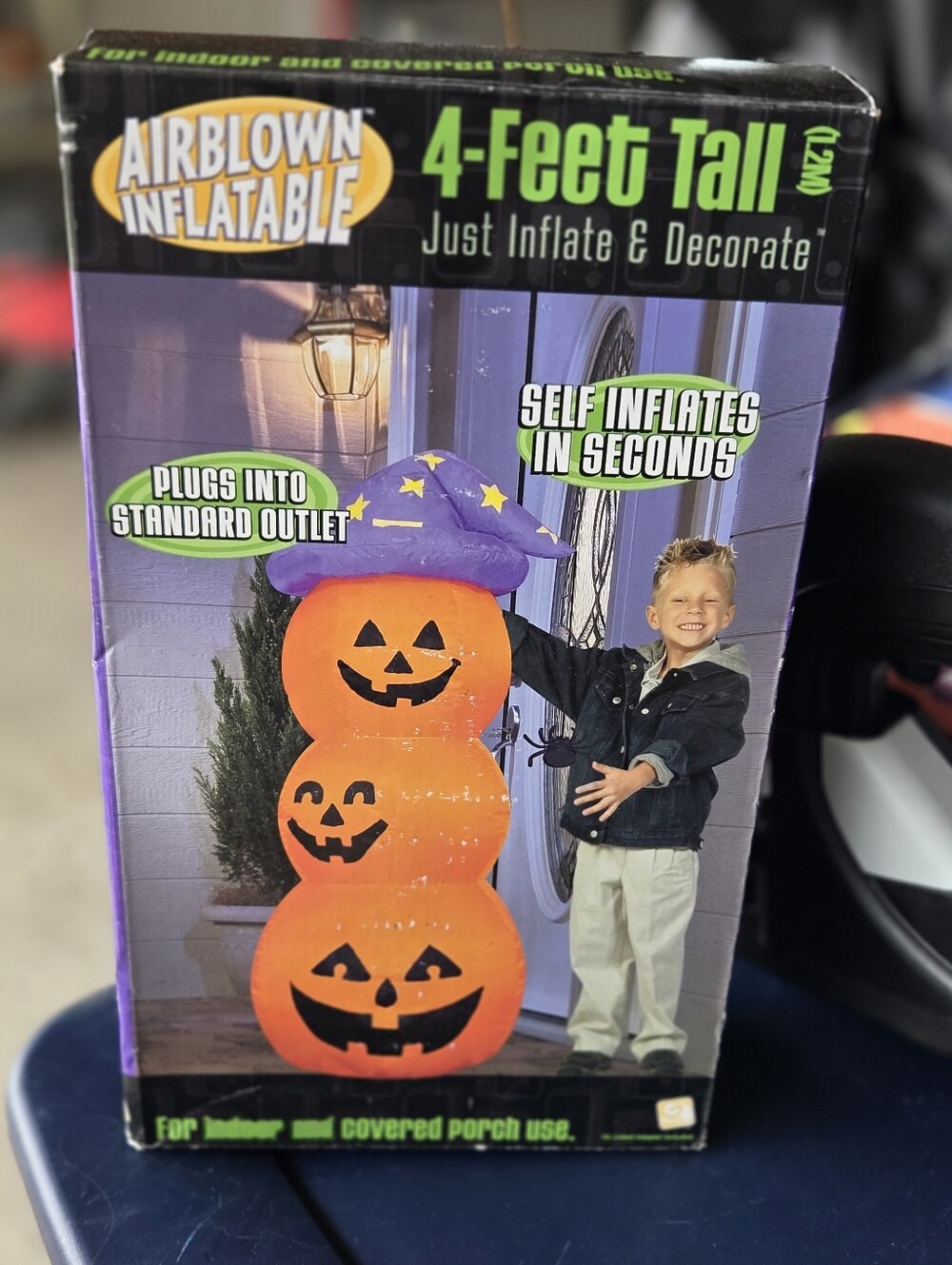 Gemmy Orange Jack-O'-Lantern Stack with Purple Witch Hat And Hanging  Spider